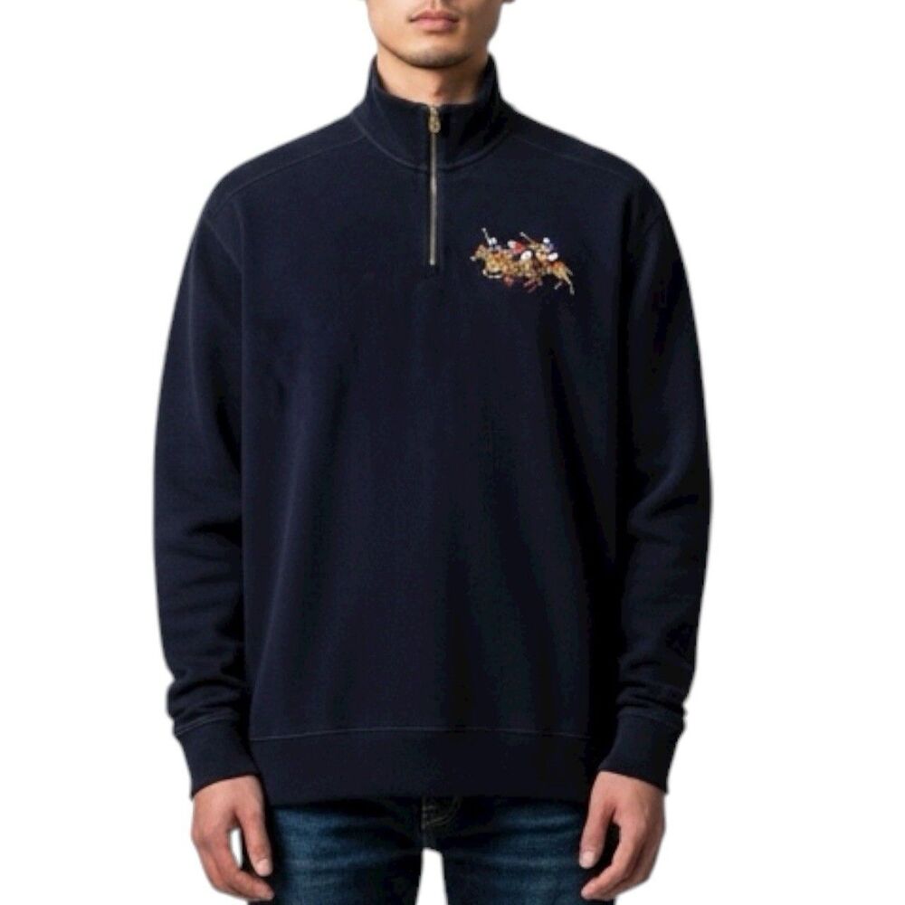 Polo Ralph Lauren Sweater Mens L Navy Blue 1/4 Zip‎ Pullover Triple Pony Flesh